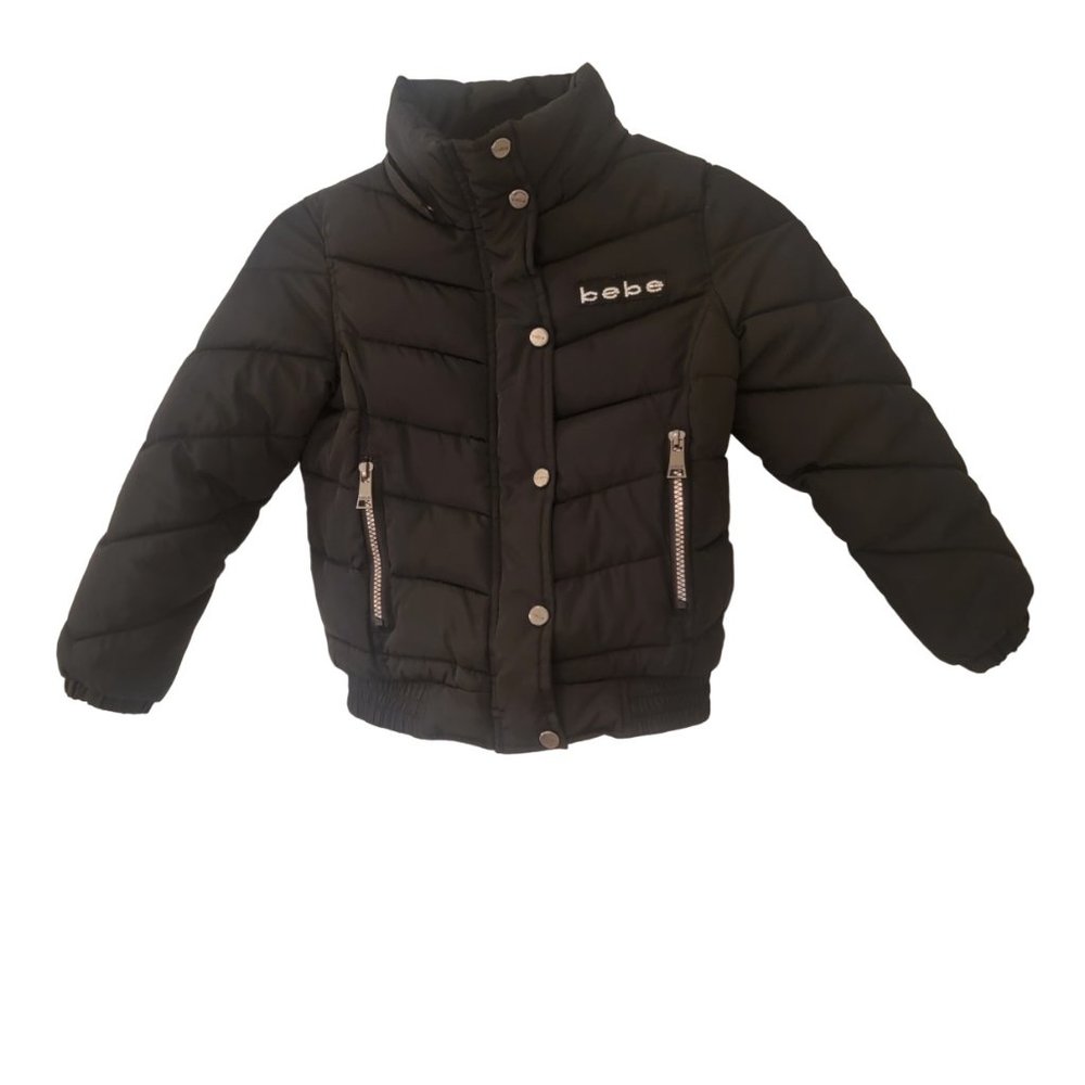 Bebe Girls Puffer Jacket Coat Black Rhinestone Logo Bling Size 5/6